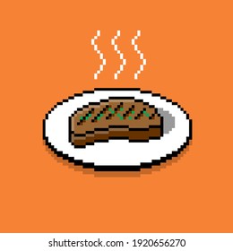 Beef Steak Meat Grilled Plate Food in 8bit Pixel Art Style