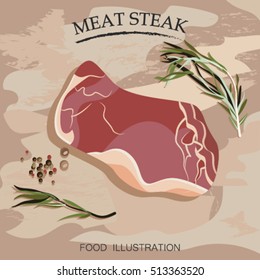 Beef steak meat with salad for barbecue on cutting board vector illustrator. Kitchen outdoor design.
