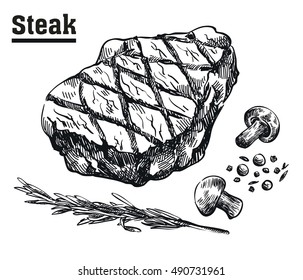 Beef steak. Meat and spices. Sketches drawn by hand.