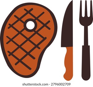 Beef steak on bone with fork and knife vector icon, grilled meat dinner silhouette isolated on white background