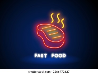 Beef steak on cutting board neon sign. Meat cooking, dinner and restaurant concept design.