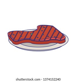 Beef steak on dish cartoon blue lines