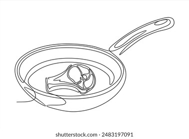 beef steak on frying pan isolated on white background.one line continuous drawing.