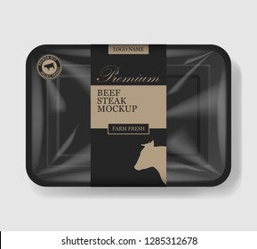 Beef Steak Packaging. Plastic Tray Container With Cellophane Cover. Mockup Template For Your Meat Design. Plastic Food Container. Vector Illustration.