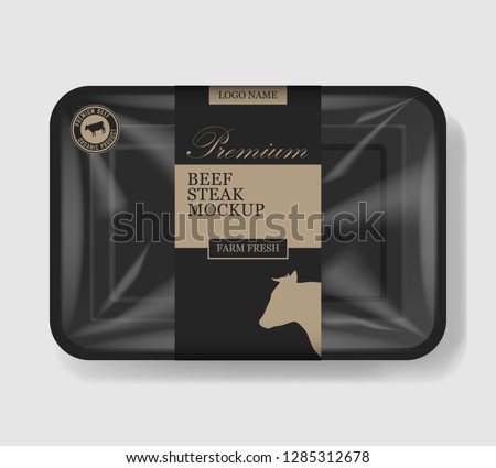 Beef steak packaging. Plastic tray container with cellophane cover. Mockup template for your meat design. Plastic food container. Vector illustration.