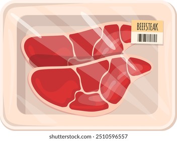 Beef steak in plastic wrap. Food tray cartoon icon isolated on white background