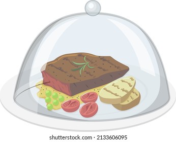 Beef steak and potato on the plate with glass cover on white background illustration