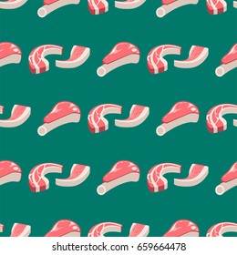 Beef steak raw meat food red fresh cut butcher uncooked chop seamless pattern ingredient vector illustration