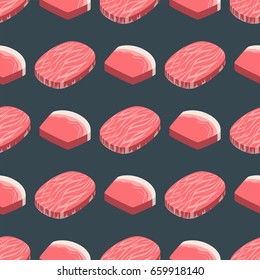 Beef steak raw meat food red fresh cut butcher uncooked chop seamless pattern ingredient vector illustration