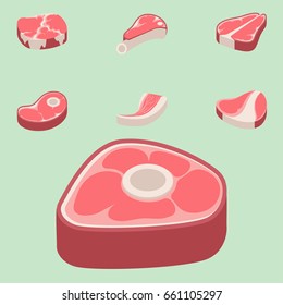 Beef steak raw meat food red fresh cut butcher uncooked chop barbecue bbq slice ingredient vector illustration