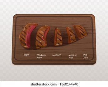 Beef Steak Roasts Types, Stages 3d Realistic Vector Concept With Rare, Medium And Well Done Fried, Cooked Pieces Of Meat Sliced On Wooden Cutting Board Illustration Isolated On Transparent Background