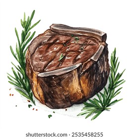 bife de carne com alecrim ilustração aquarela