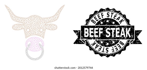 Beef Steak rubber seal and vector bull head mesh model. Black seal includes Beef Steak caption inside ribbon and rosette. Abstract 2d mesh bull head, designed with flat mesh.