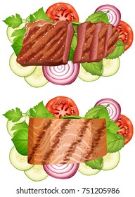 Beef steak and salmon steak with vegetables illustration