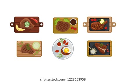 Beef steak set, grilled meat on a wooden board with sauce and ingredients, top view vector Illustration on a white background