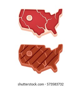 Beef steak in shape of USA map, raw and grilled. American meat illustration.