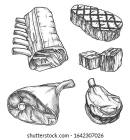 Beef steak sketch, barbecue grill and butchery shop meat, vector isolated icons. Hand drawn pencil sketch pork bacon, beefsteak and BBQ mutton ribs, jamon leg, rib eye and T-bone tenderloin