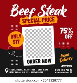 Bife de carne preço especial banner quadrado mídia social pós-promoção modelo