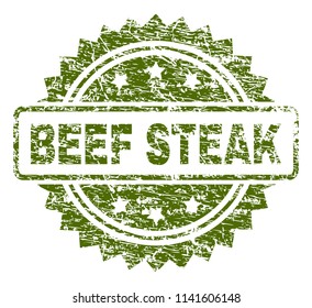 BEEF STEAK stamp seal watermark with dirty style. Green vector rubber print of BEEF STEAK caption with dirty texture.