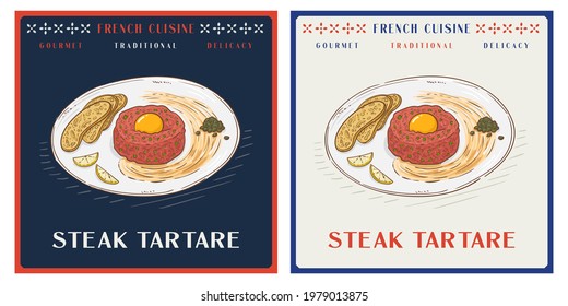 Beef steak tartare with raw egg yolk and toast illustration for menu