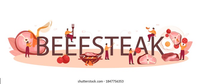 Beef steak typographic header. People cooking tasty grilled meat on the plate. Delicious barbecue beef. Roasted restaurant meal. Isolated vector illustration in cartoon style