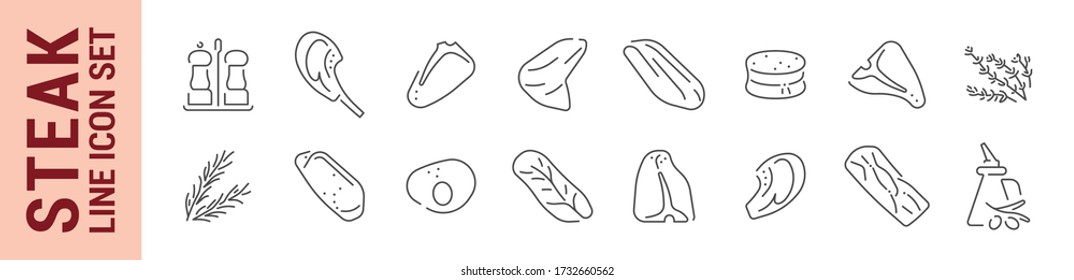 Beef steak vector isolated line icon set. Grilling BBQ. Barbecue & grill. Collection