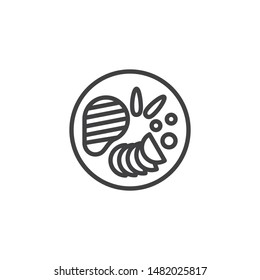 Beef steak and vegetables on plate line icon. linear style sign for mobile concept and web design. Meat steak food, top view outline vector icon. Symbol, logo illustration. Vector graphics