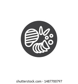Beef steak and vegetables on plate vector icon. filled flat sign for mobile concept and web design. Meat steak food, top view glyph icon. Symbol, logo illustration. Vector graphics
