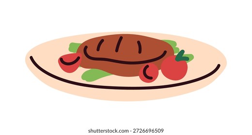 Bife de carne e legumes, prato de restaurante servindo. Carne grelhada, tomate cereja, alface verde no prato. Jantar gourmet, comer, comer. Ilustração de vetor plano isolada no plano de fundo branco