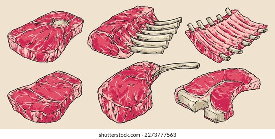 Beef steaks labels set colorful with raw meat from pulp or ribs for supplies to cafes and restaurants vector illustration