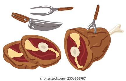 Beef steaks, beef leg, slicing, baked pork tenderloin, knife, fork in cartoon style on a white background. Drawing for the grill menu , food stickers on a white background. The theme of Oktoberfest