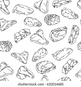 Beef steaks seamless background outline. Savoyar Doodle Style.