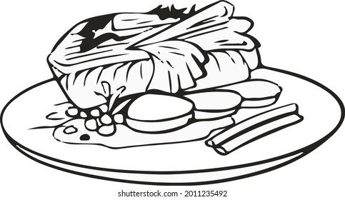 beef steaks slice dishes and food and restaurant menu in greyscale tone hand drawn illustration. 