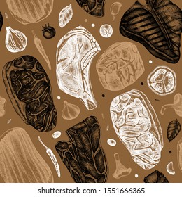 Beef steaks vector backdrop. Raw meat top view seamless pattern. Hand drawn cuts of beef, vegetables, spices. Steak house, meat restaurant menu design . Food for grill vintage background. 