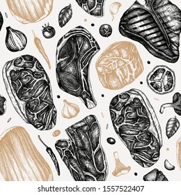 Beef steaks vector backdrop. Raw meat top view seamless pattern. Hand drawn cuts of beef, vegetables, spices. Steak house, meat restaurant menu design. Vintage food and ingredients background. 