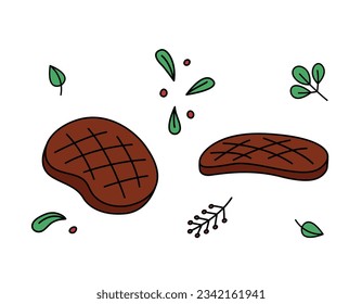 Beef steaks vector doodles set. Cooked pieces of meat isolated on white background. Hand drawn outline illustration of grilled BBQ steaks and natural seasoning leaves.