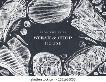 Beef steaks vector menu template. Vintage meat top view frame. Hand drawn cuts of beef for Steak house, grill restaurant menu design. Grilled food background. On chalkboard.  With vegetables and spice