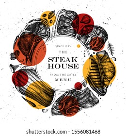 Beef steaks vector wreath design with trendy shapes and textures. Raw meat top view illustration. Steak house, meat restaurant menu template. Hand drawn cut of beef, vegetables and spices background.