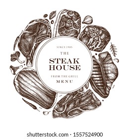 Beef steaks vector wreath design. Raw meat top view drawings. Hand drawn cuts of beef, vegetables, spices. Steak house, meat restaurant menu template. Food for grill vintage background