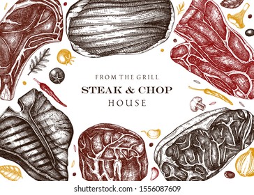 Beef steaks, vegetables and spices vector menu template. Vintage meat top view frame. Hand drawn cuts of beef for Steak house, grill restaurant menu design. Grilled food background.