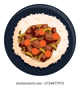 Beef stew with carrots and rice served on a black plate, viewed from above