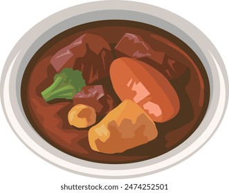 Beef stew with meat, carrots, potatoes, and broccoli