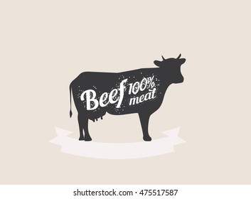 Beef store logo. Butcher shop collection. Cow on the ribbon
  - Vector illustration