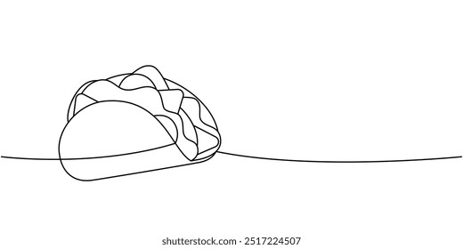 Taco de carne de una línea de dibujo continuo. Comida rápida tradicional mexicana. Ilustración lineal de Vector.
