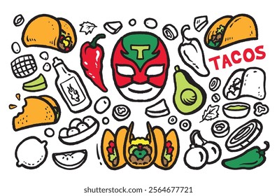 Beef tacos doodles, mexican food vector