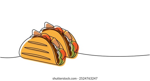 Tacos de carne de bovino uma linha colorida desenho contínuo. Fast food tradicional mexicano. Ilustração linear de vetor.