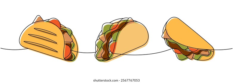 Beef tacos one line colored continuous drawing. Traditional Mexican fast-food. Vector linear illustration.