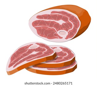 Lomo de ternera. Nudillo de cerdo. Rebanada de carne, carne fresca. Chuleta de cerdo cruda. Ilustración vectorial en estilo plano