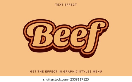 Beef text effect template in 3d design. Text emblem for advertising, branding, business logo