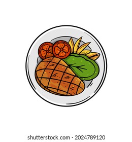 Beef with tomatoes and salad. Vector illustration 